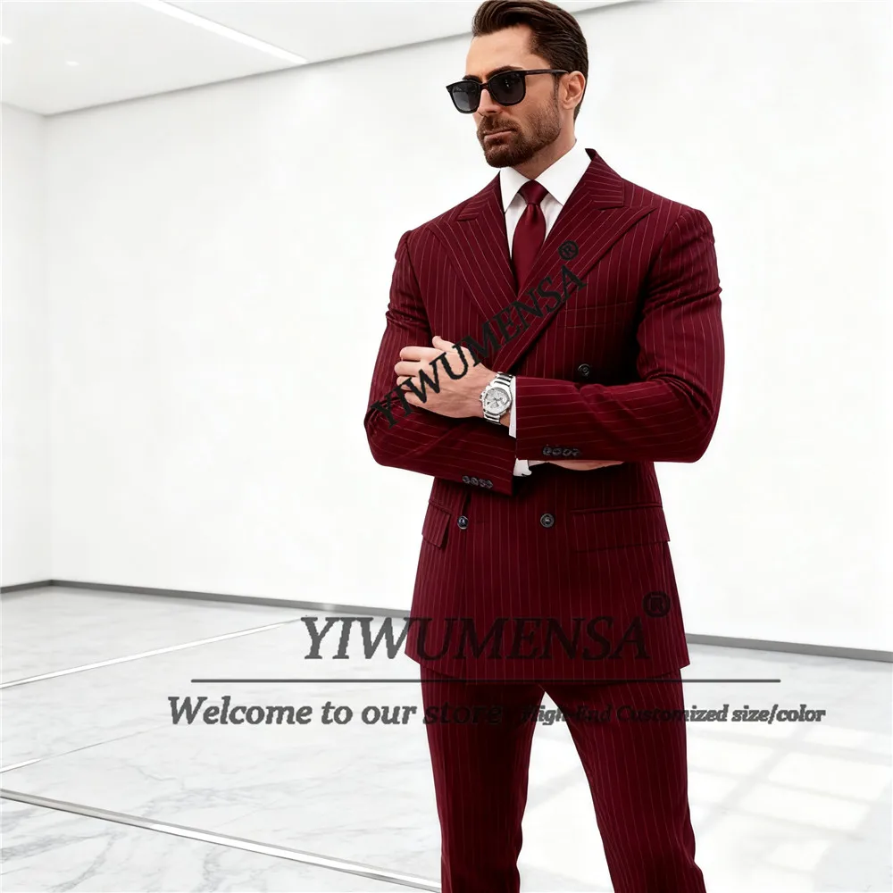 

Винно-красный полосатый костюм, мужской комплект из 2 предметов, двубортный пиджак, брюки, индивидуальный мужской деловой наряд для ужина, смокинги для жениха и вечеринки