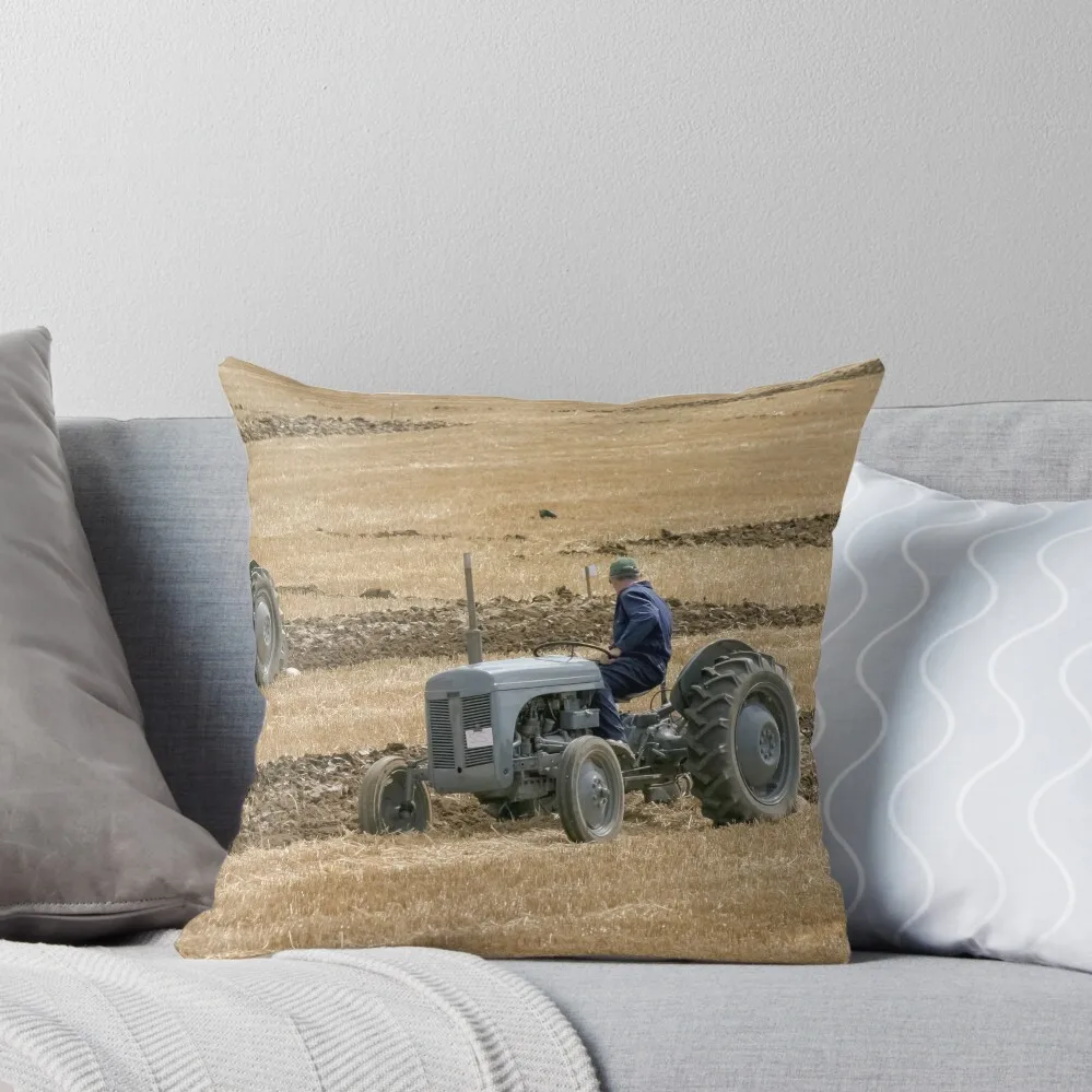 Two grey Ferguson tractors ploughing. Throw Pillow Room decorating items Decorative Cushion Cover pillow