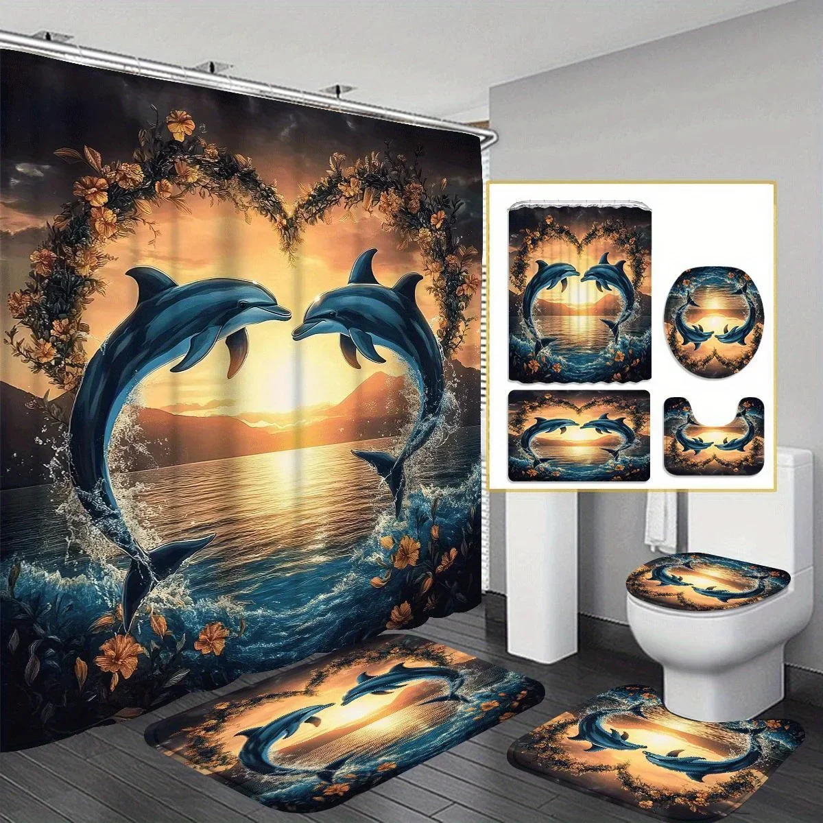 

Romantic Dolphin Sunset Shower Curtain Set of Four-Waterproof Bathroom Floor Mat Toilet Mat Cover-Ocean Style Shower Curtain Set