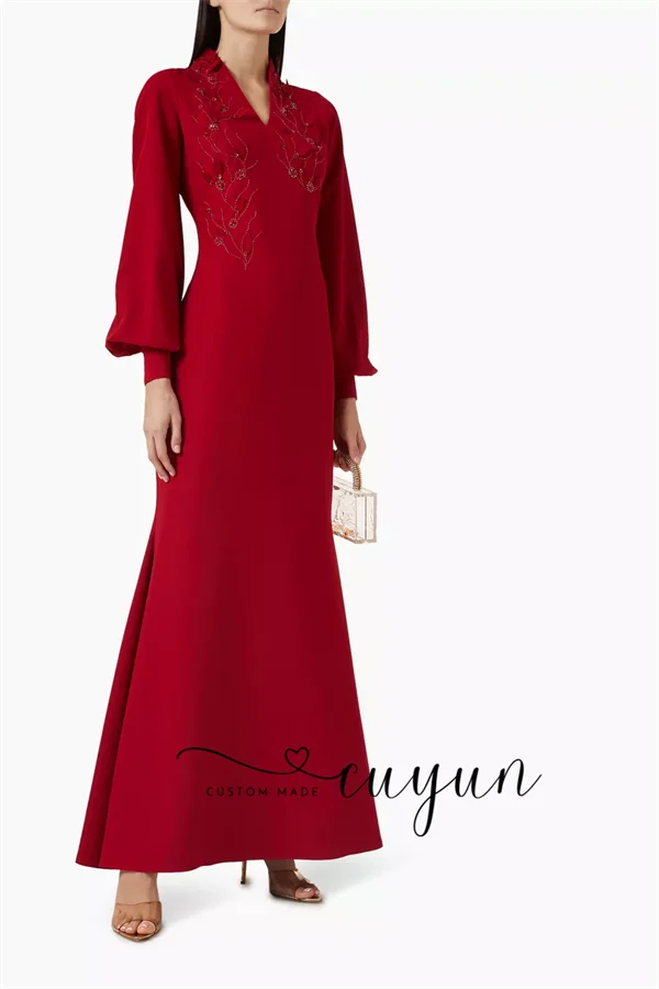 CUYUN – robe de soirée personnalisée, ornée de perles rouges, col en v, manches longues, modeste, élégante, longue robe formelle, vêtements d'invité pour fête de mariage