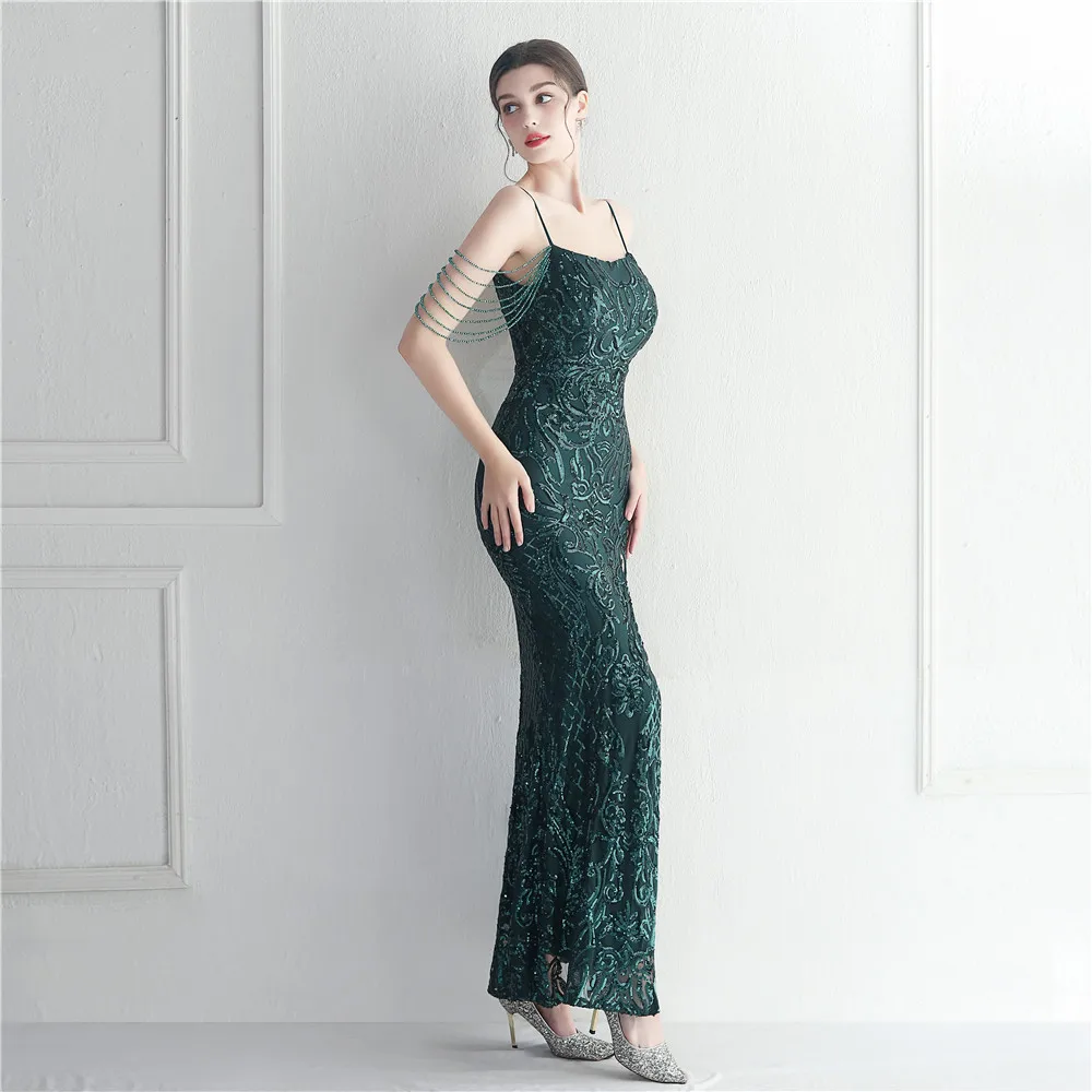 Impresionante vestido de noche de sirena sin espalda con tirantes finos divididos, vestido de graduación elástico con lentejuelas de talla grande, 2023 en Stock