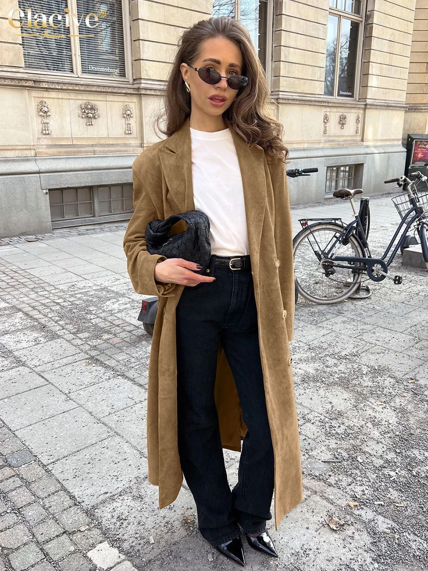 Clacive Fashion Loose Khaki Office Trench Coat For Women 2025 Elegant Lapel Long Sleeve Office Lady New Coats And Jackets Female