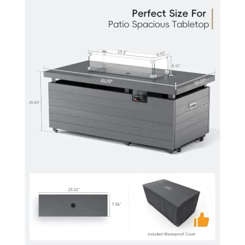 Outdoor rectangular fire pit table 51 inches with 50000 BTU propane heating system tempered glass wind barrier sliding concealed