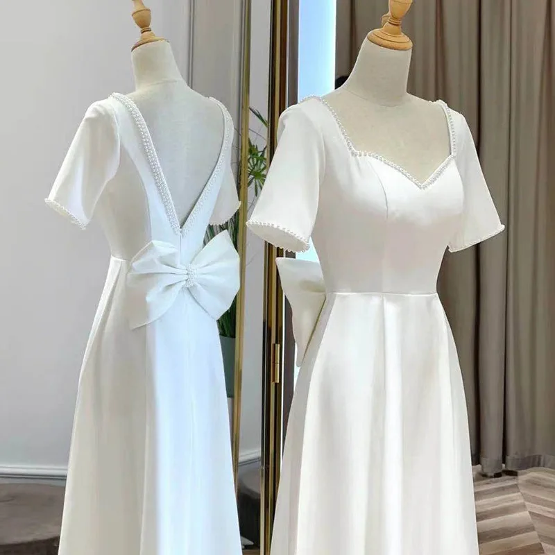 White Princess Dresses Mid Long Cheongsam Women Solid Qipao Back Bow Bridal Wedding Dress French Style Robe De Soiree Vestidos