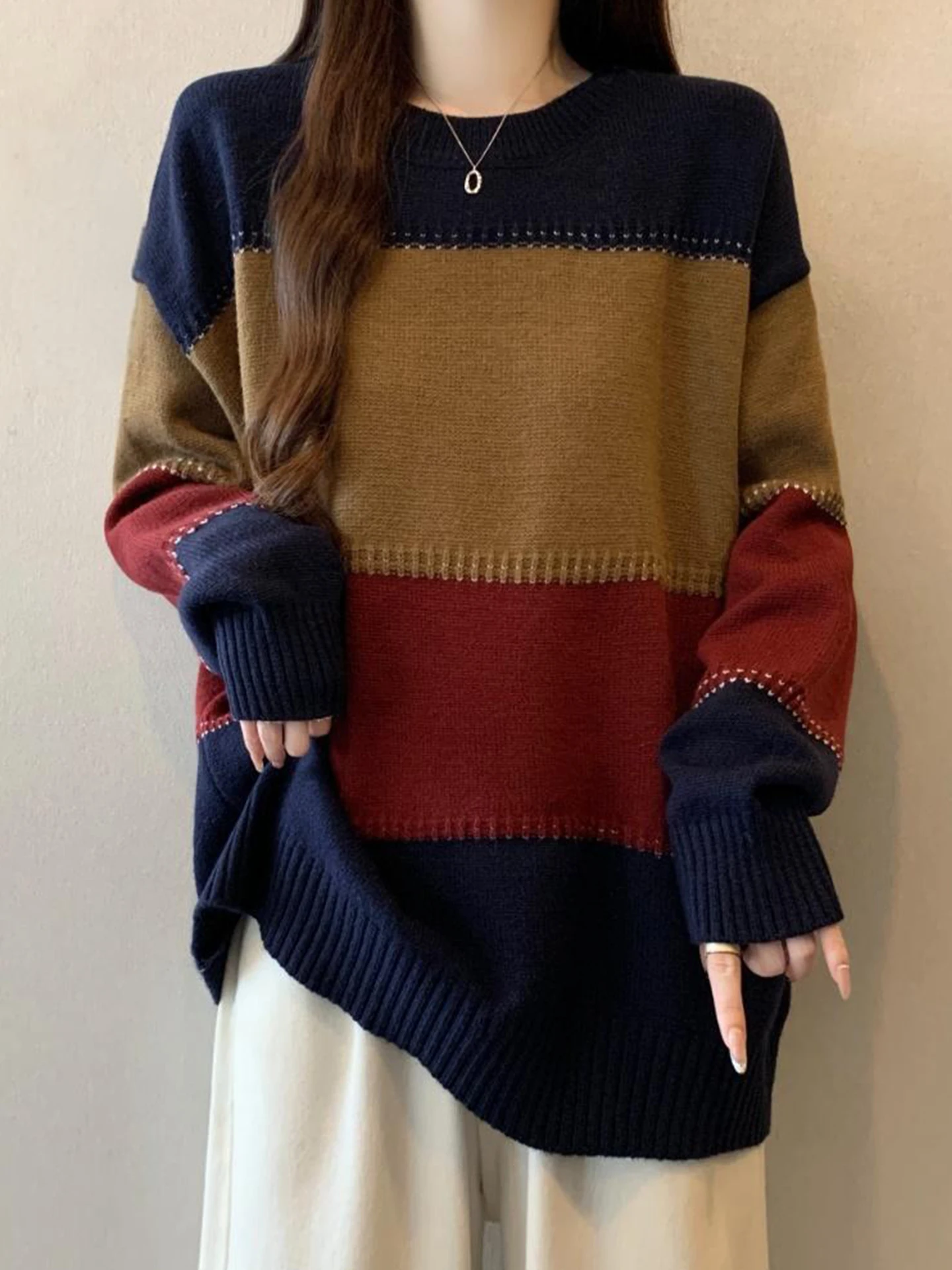 

Свободный оверсайз худи с цветными блоками, вязаный свитер для женщин больших размеров, осенне-зимний, средней длины, прикрывающий бедра, базовая модель