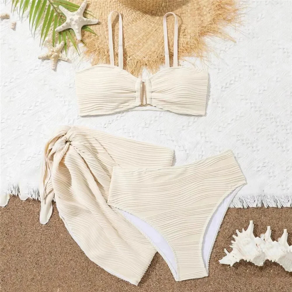 

Solid Sexy Swimwear 3 Piece Bikini Set Cover Ups U Shapped Swimsuit Women 2025 Bathing Suit High Waist Bikinis Trajes De Bano