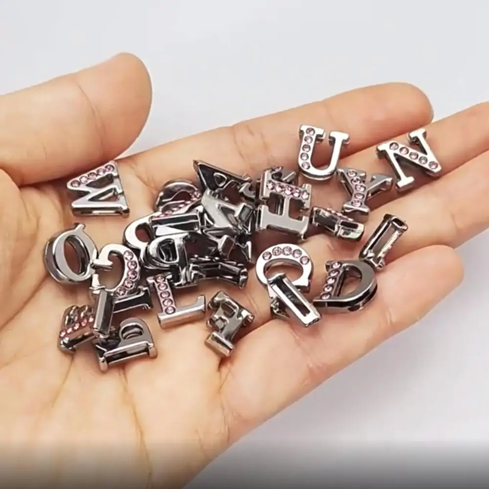 

50PC/lot Hole 8MM Slide Letter half pink Rhinestones slide charm English Alphabet A-Z Fit For 8mm Charm Bracelet Keychains