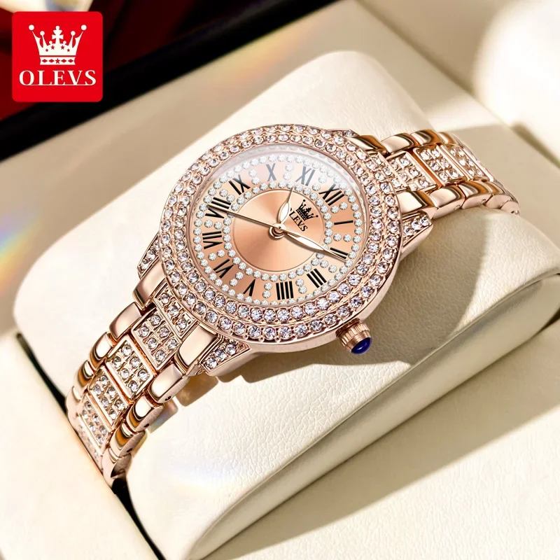 OLEVS 9943 ساعة ماسية فاخرة للنساء أنيقة من الفولاذ المقاوم للصدأ مقاومة للماء كوارتز ساعة يد للسيدات فستان Relojes Para Mujer