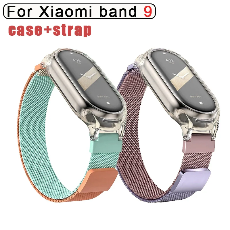 Metal mesh strap for mi band 9 mi band 8 smartwatch wristband xiaomi mi band 8 9 transparent case magnetic watchbands