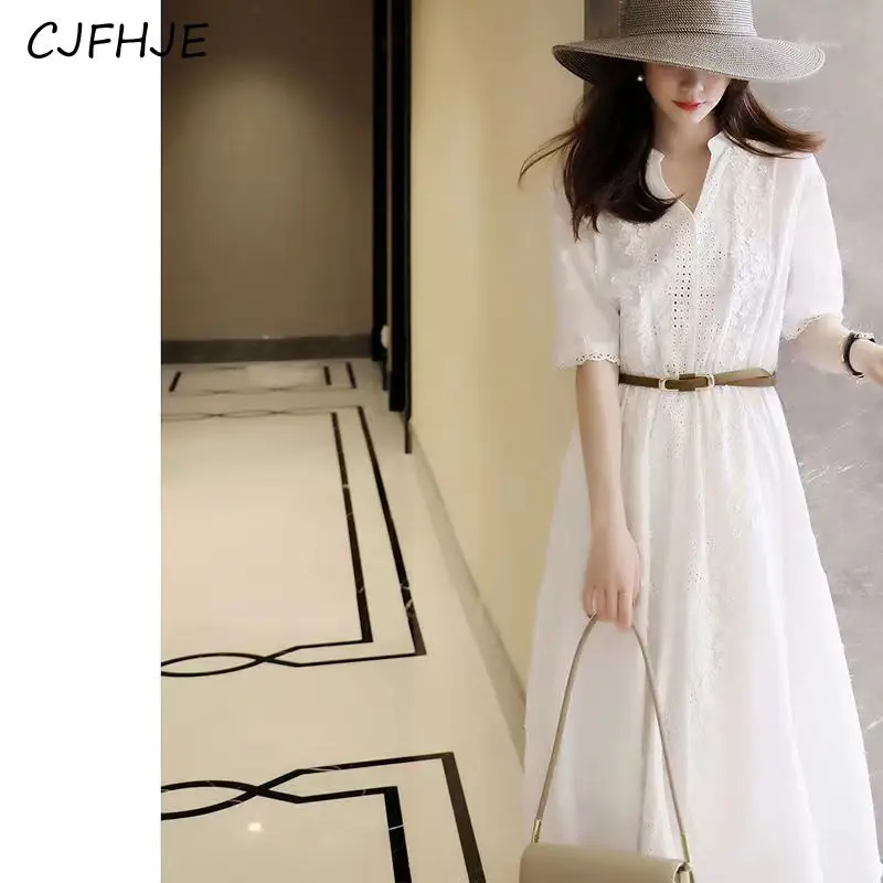 CJFHJE Summer Elegant Fashion White Embroidery Hollow Dress Ladies Short Sleeve Simple Waist A-line Dresses Sweet Cotton Robe