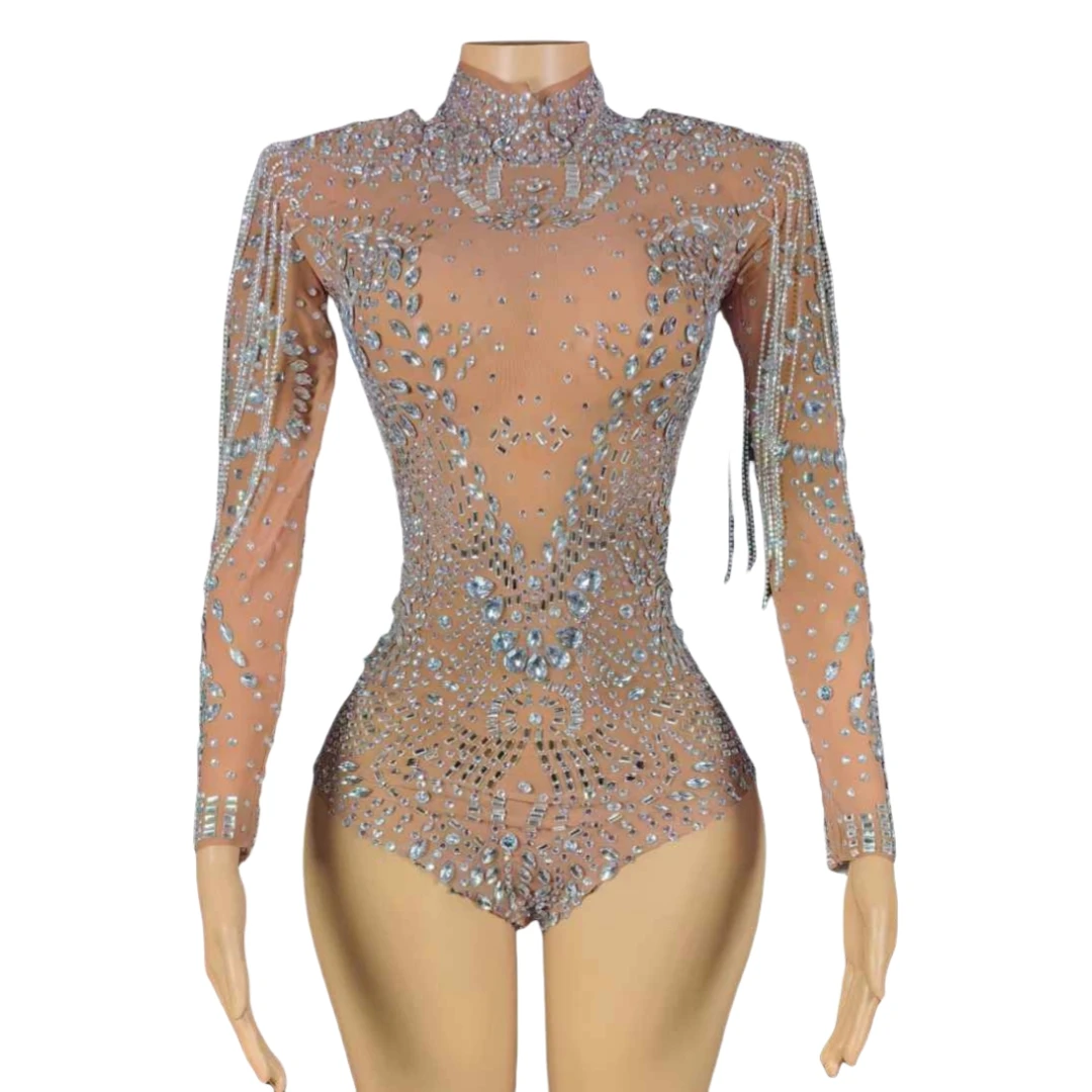 Luxury Shinning Rhinestone Bodysuits For Women Glitter Drill Chain Sheer Stretch Dance Costume Drag Queen Leotard