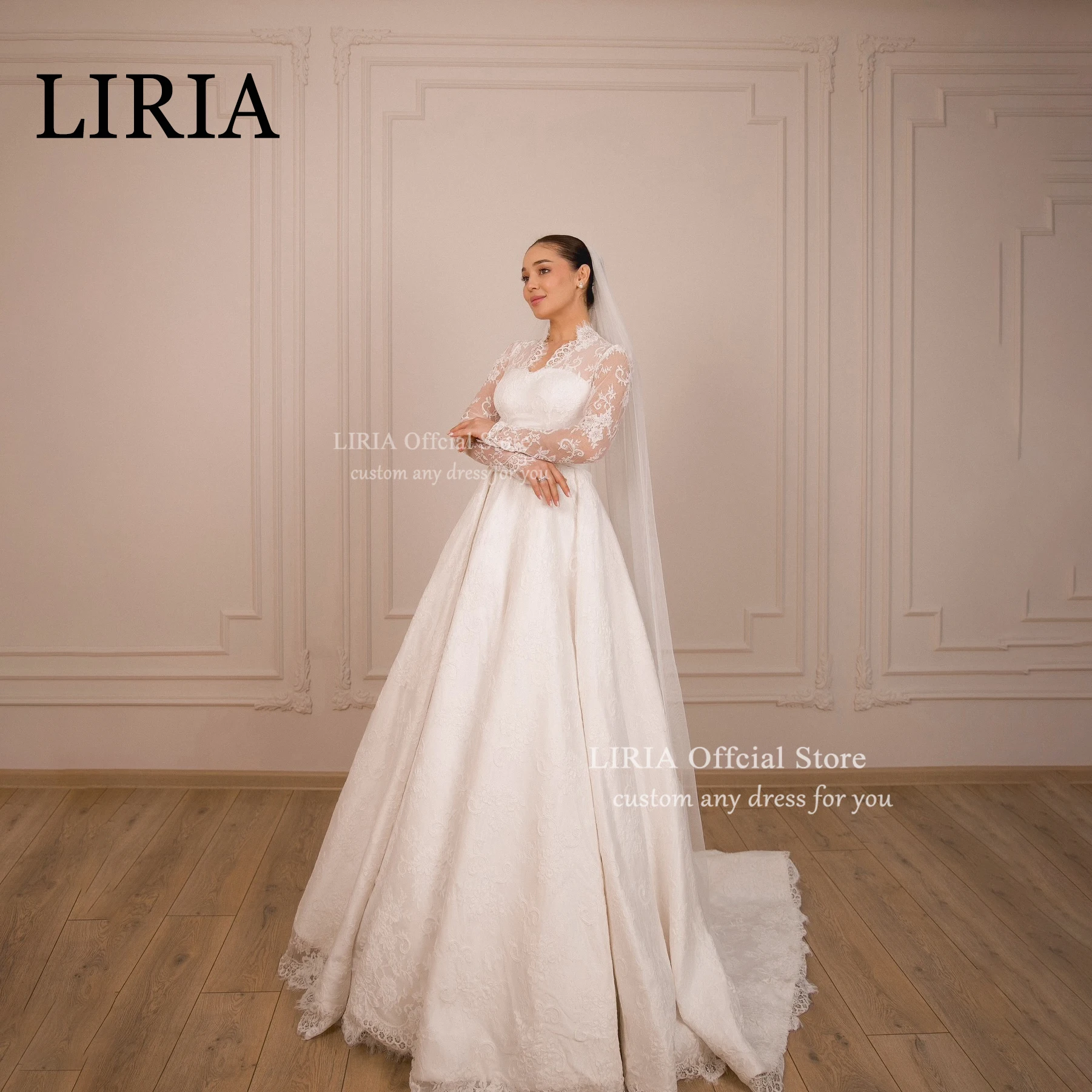 Vestido de Novia LIRIA 2026, Nuevo Vestido de Novia de Encaje con Mangas Largas y Satén, con Velo, Hecho a Medida, Vestidos de Novia Islámicos Blancos para Novia