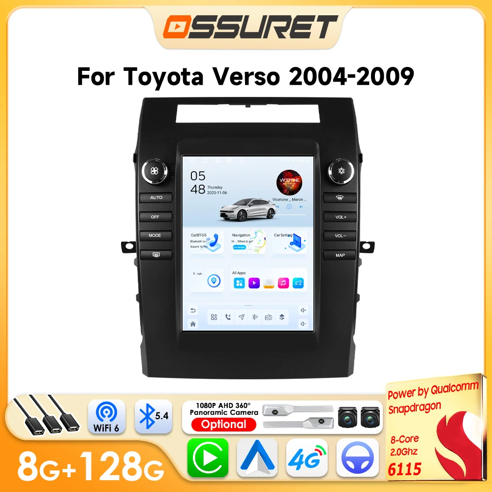 OSSURET 6115 Android Auto Multimédia pour Toyota Verso 2004-2009 Carplay sans fil Écran vertical de voiture 9,7 pouces Lecteur 360cam WIFI