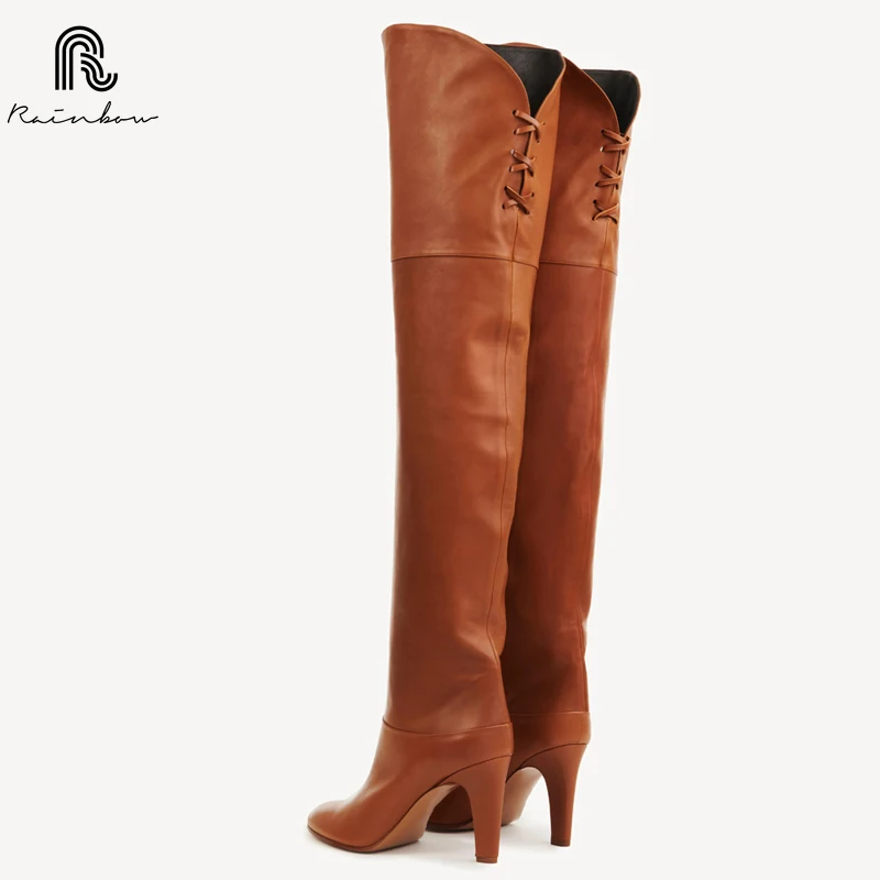 RAINBOW 33–46 Rindsleder über dem Knie, hohe Stiefel für Damen, echtes Leder, High Heels, Schuhe, Winter 2022, schlanke, lange Rittermode