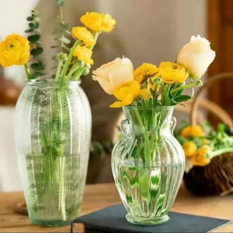 

French style large mouth transparent flower glass vase for home decoration, tabletop dry flower arrangement