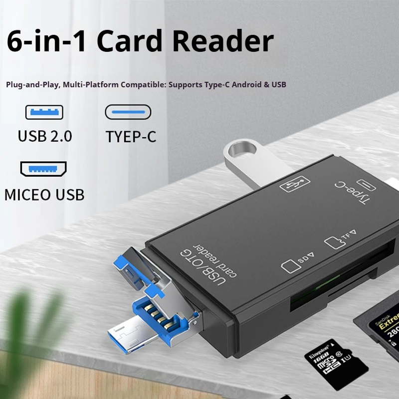 

Устройство чтения карт памяти 6 в 1, USB2.0 на тип C, универсальный адаптер OTG Micro USB, многофункциональный адаптер SD TF, высокоскоростная передача