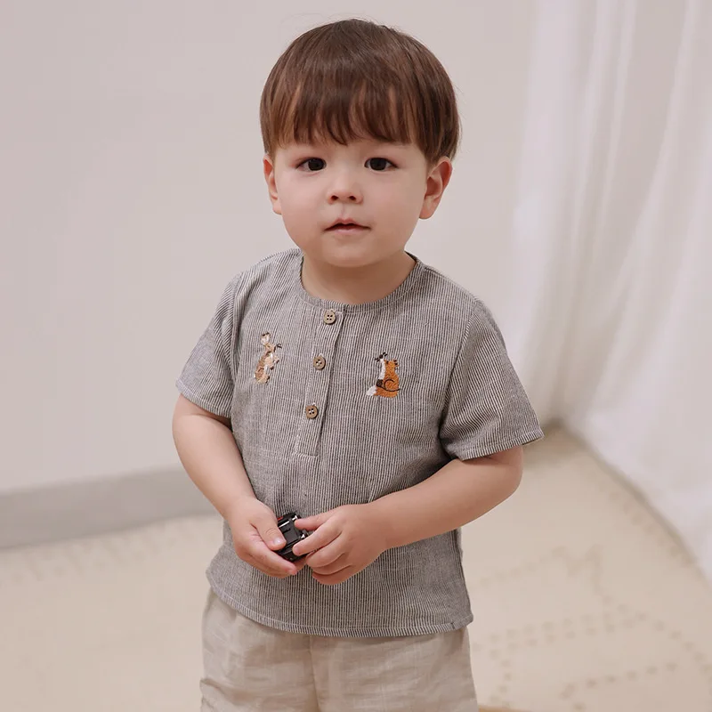 2024 Clibeso Summer New Children\'s Loose Cotton Linen Top Boys\' Solid Color Shirt Long Sleeve Embroidered Animals Kids Clothes