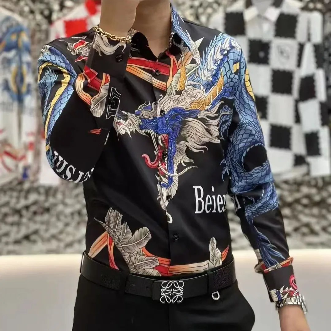 

Y2K Men Fashion Dragon Printed Vintage Black Shirt New Spring Hawaiian Mens Casual Luxury Beach Shirts Man Tops Chemises Hommes
