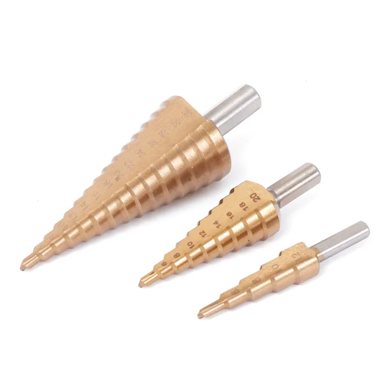 3 unids/set4-32mm broca escalonada con forma de Pagoda recubierta de titanio HSS cono de agujero de vástago triangular