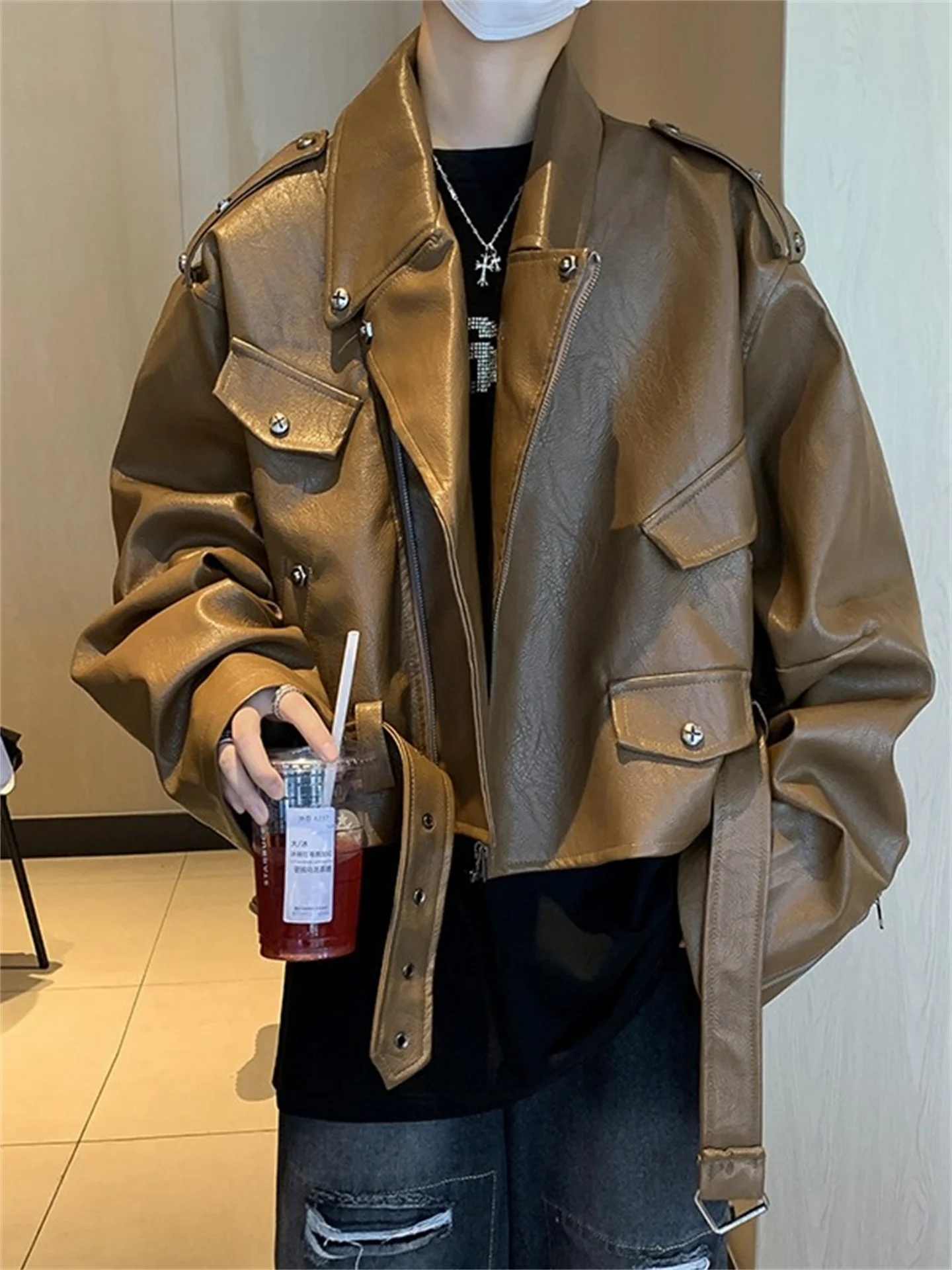 

American Sle Ce Brown Rivet Leather Jaet Men's Faion Street Design High-End ort Motorcycle Jaet Casual Sle