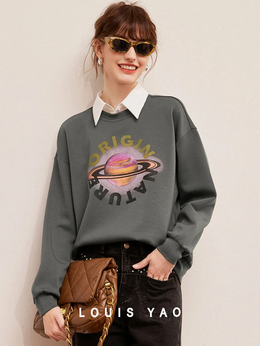 LOUIS YAO Women's Sweatshirts 2026 Autumn Contrast Printed Planet Pattern Hoodie Round Neck Loose Edition Women's Hoodie