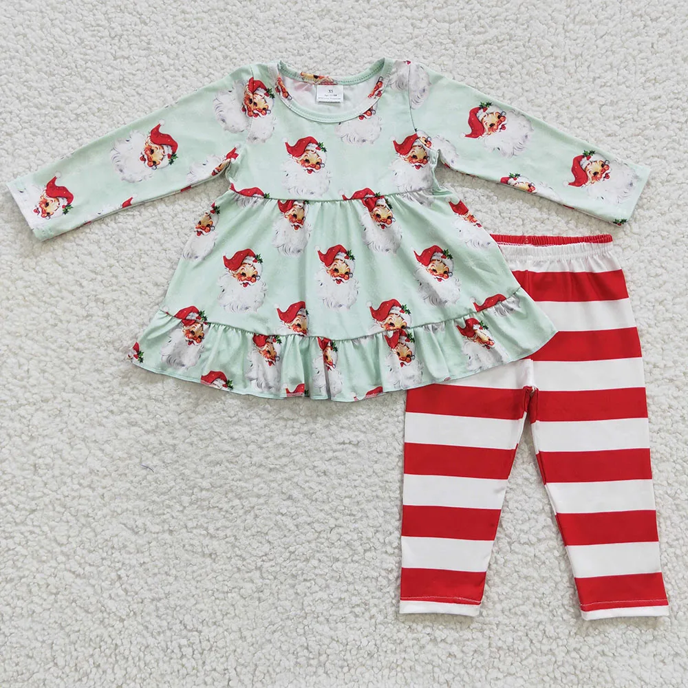 

Wholesale Baby Girl Christmas Set Long Sleeve Santa Ruffle Tunic Infant Red Striped Pants Kid Children Holiday Outfit Clothes