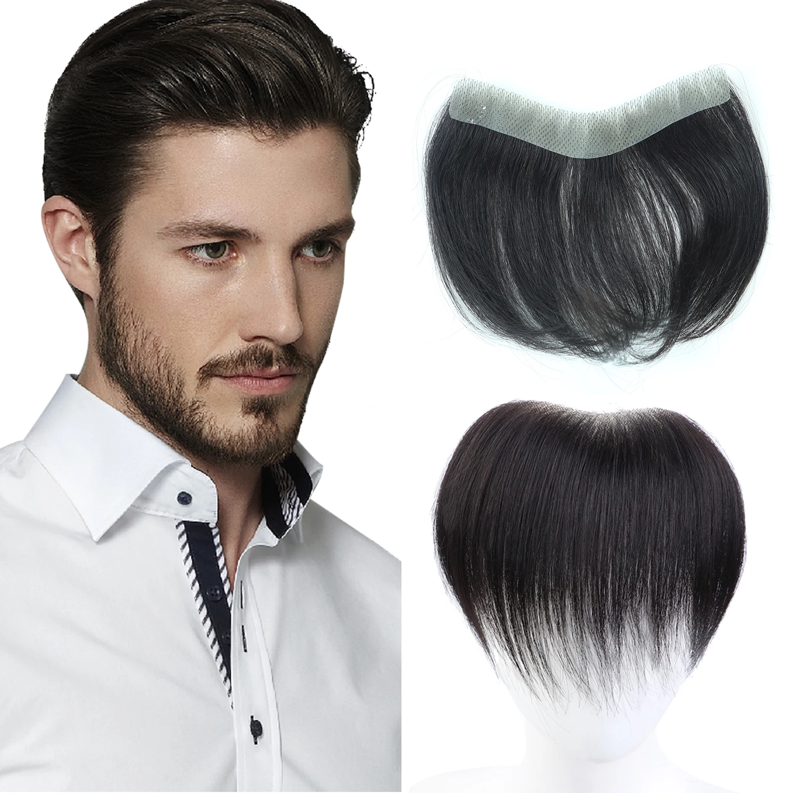 Ali Queen Hair Men Toupee V Style Frontal 100% Human Hair 0.08-0.1mm Thin Skin PU Base Piece For Men V Loop hairline Toupee Wig