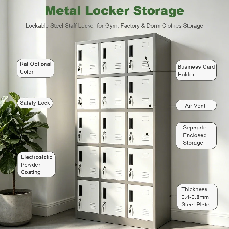 15 Door Steel Locker With Ventilation Holes Key Lock Staff Gym Metal Clothes Storage Locker Cabinet for Factory School Warehouse