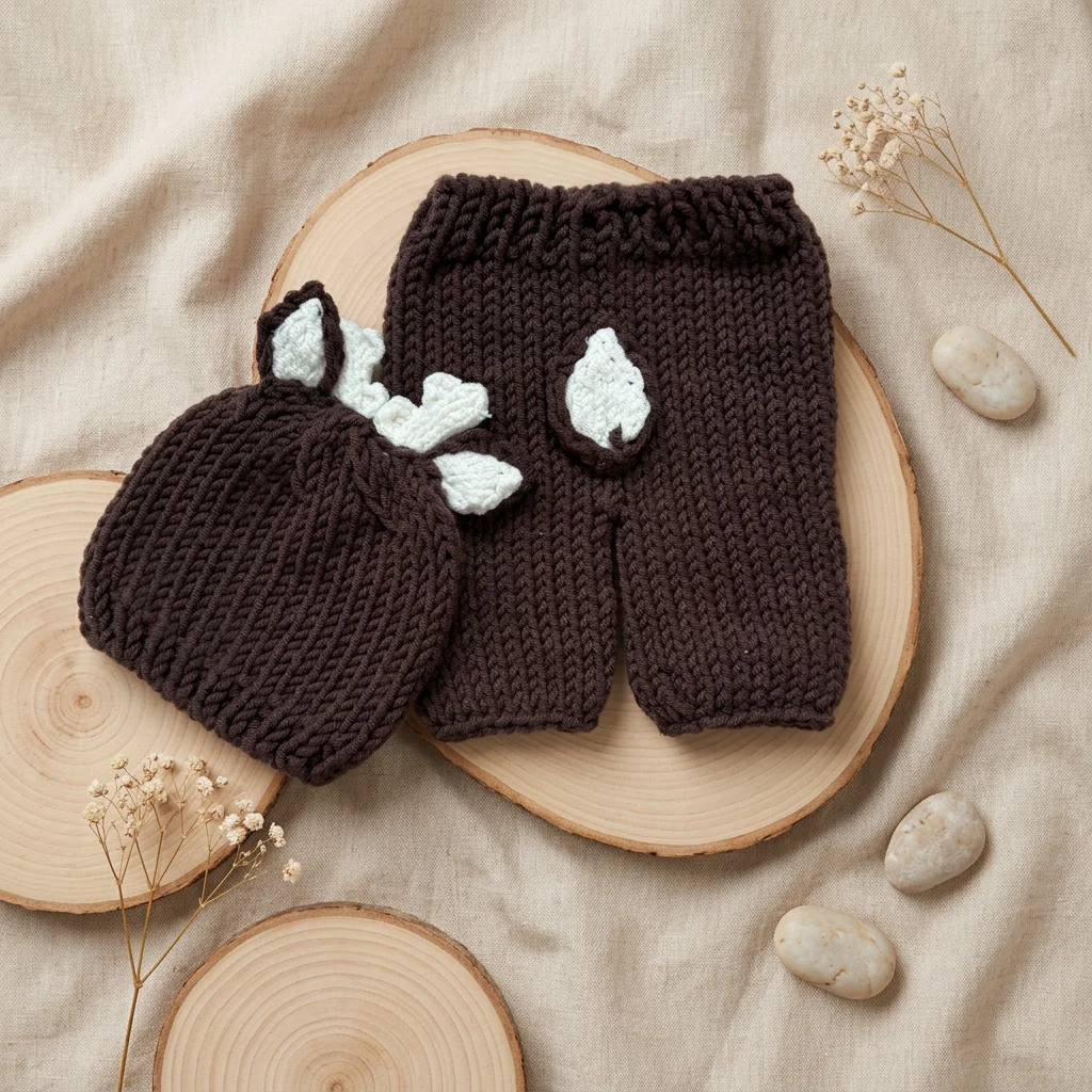 2Pcs Newborn Fawn Outfit Photography Props Christmas Deer Handmade Knit Beanie Hat & Shorts Set Coffee for Baby Photo Shoots - view 5