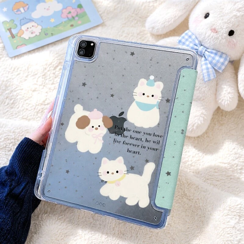 Korean Ins Cute Puppy Cat Y2K Y-Fold Cover For iPad Pro 13 11th M5 M4 12.9 A16 10 8 7 9th 10th Air 11 M2 M3 Mini Tablet Case