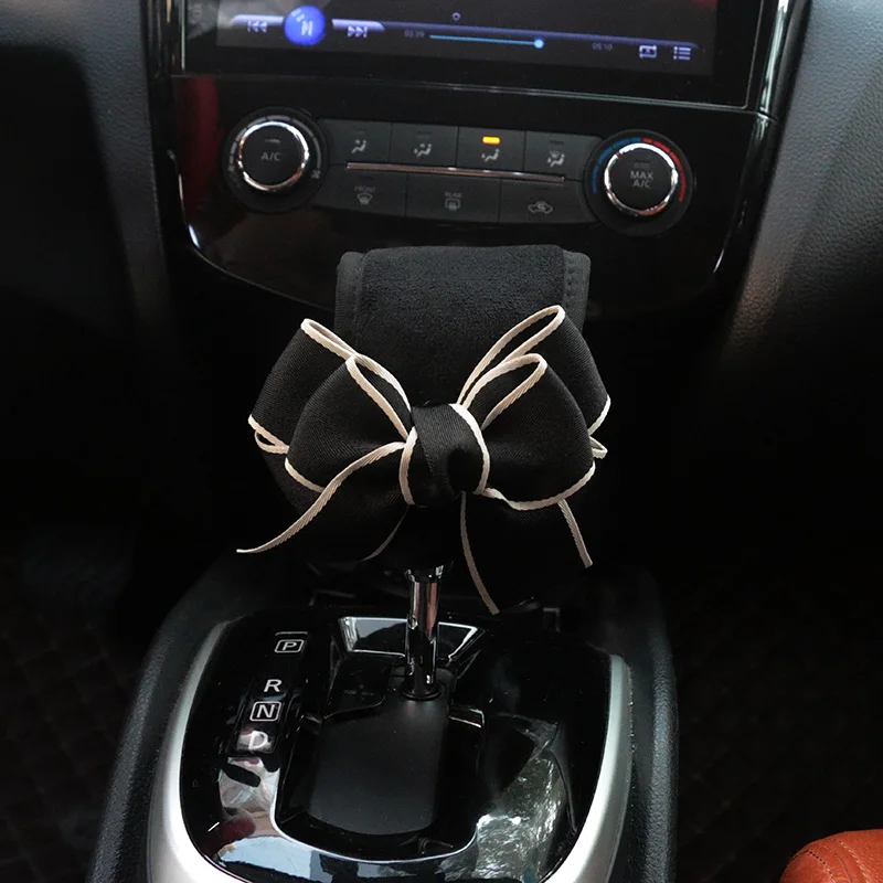 1pc Cute Bowknot Car Gear Shift Cover Soft Plush Auto Shifter Hand Brake Case For Women Car Accessories Interior Decoration