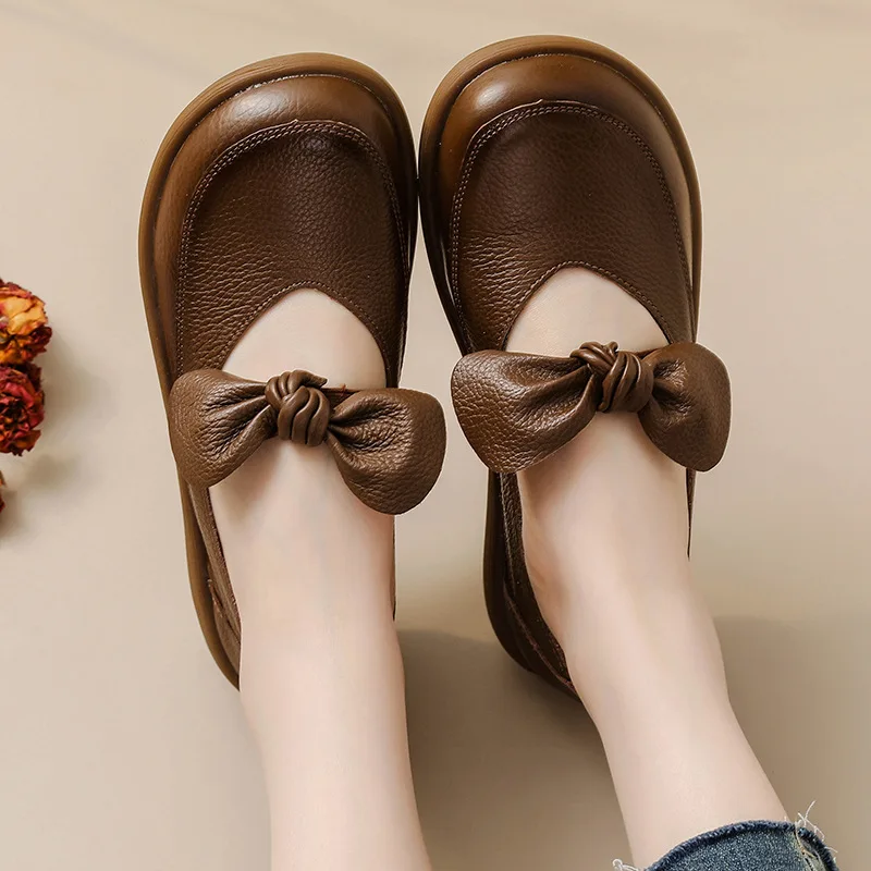 

High quality women's slip on loafers authentic leather moccasins woman wide toe flats ladies elegant shoes ballet flats with bow