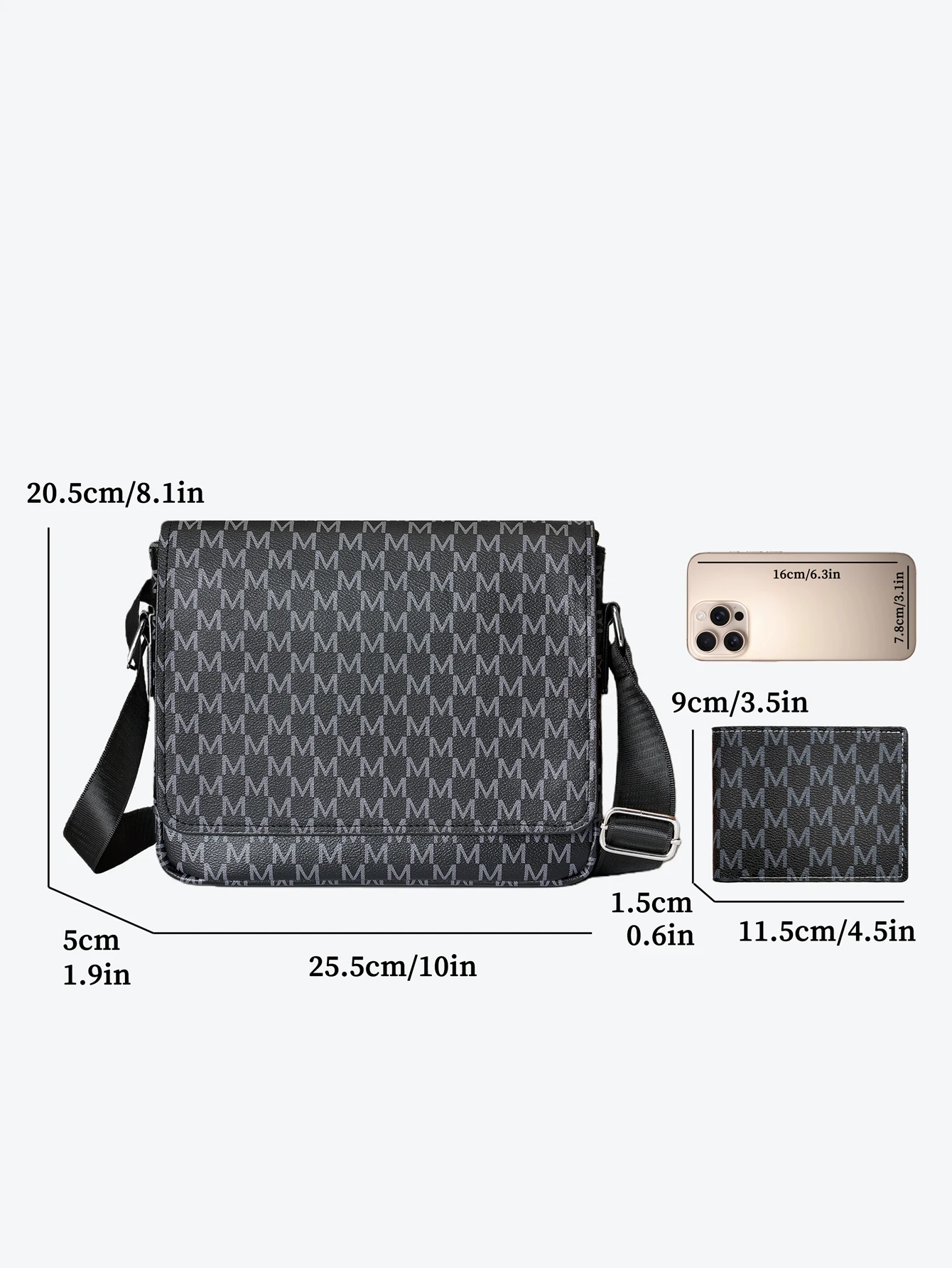 Men's 2-Piece M-Pattern Crossbody Bag Set - Textured Faux Leather Messenger Bag with Adjustable Strap + Compact Short Wallet