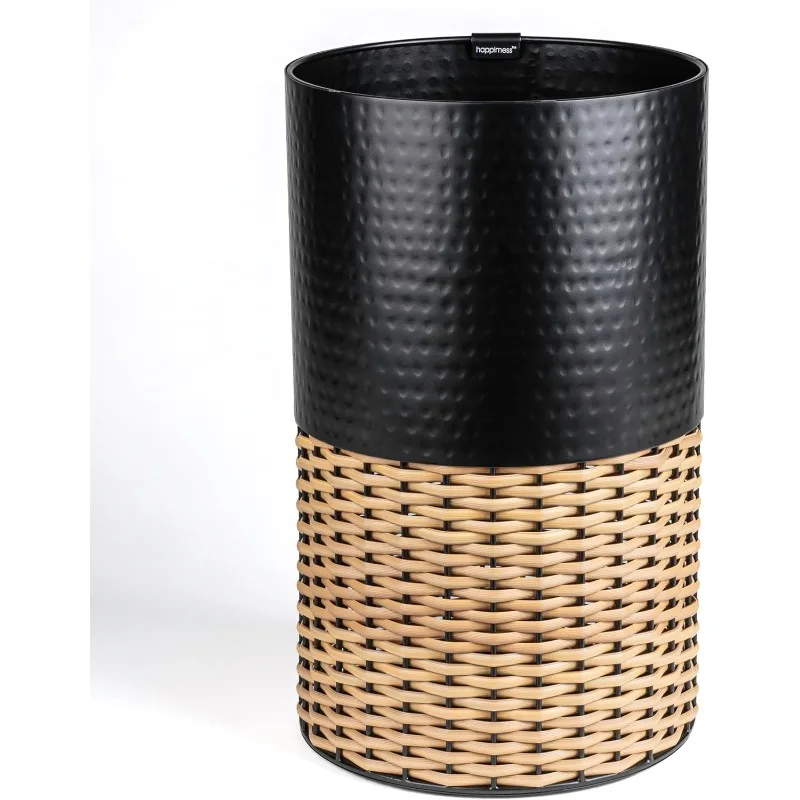 

Asher Modern 4.13-Gallon 2-Tone Faux Wicker/Metal Cylinder Waste Basket, Black/Natural for Home, Bathroom, Li