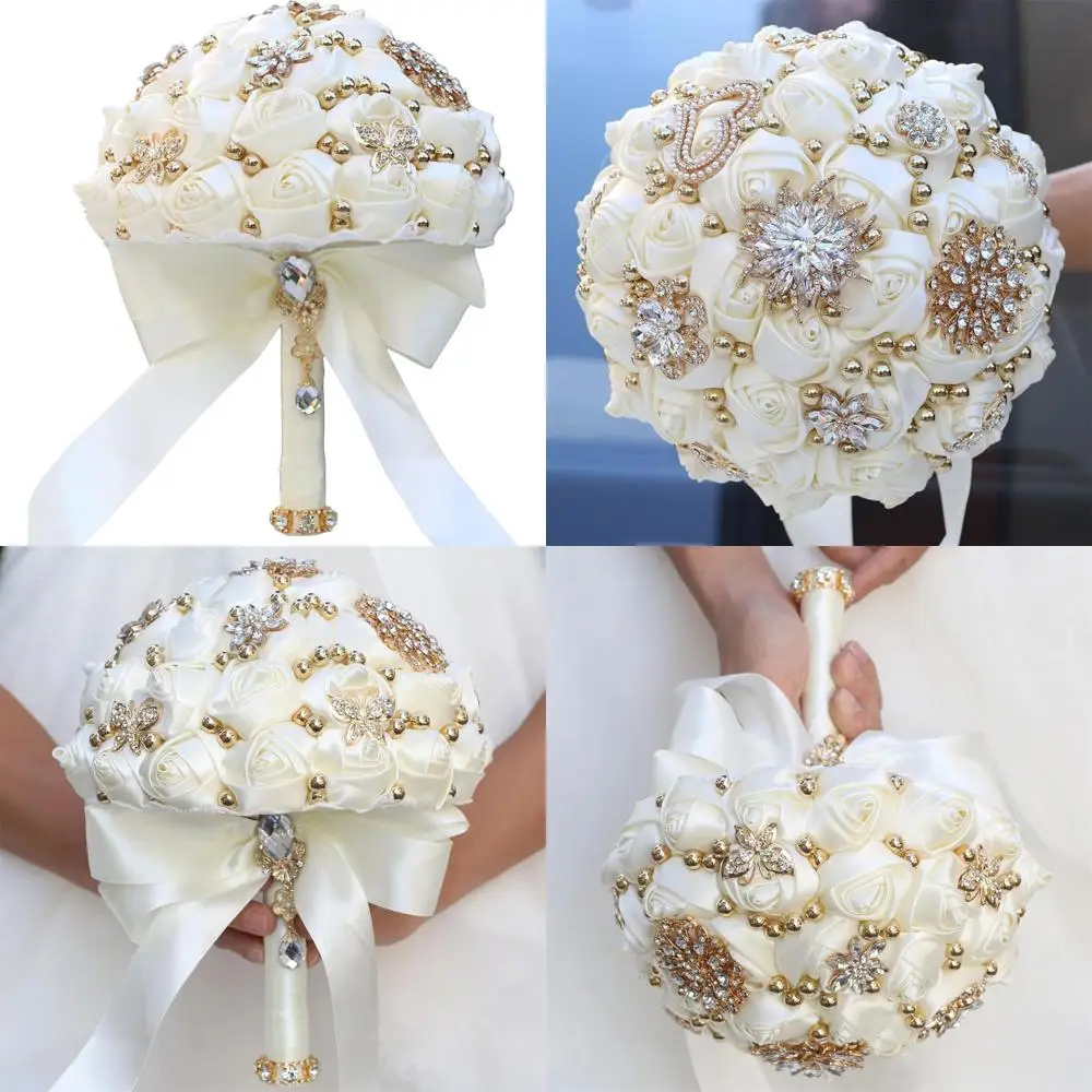 

7-дюймовый свадебный букет подружки невесты с атласной розой и хрустальной брошью со стразами для внутренних, уличных и курортных церемоний