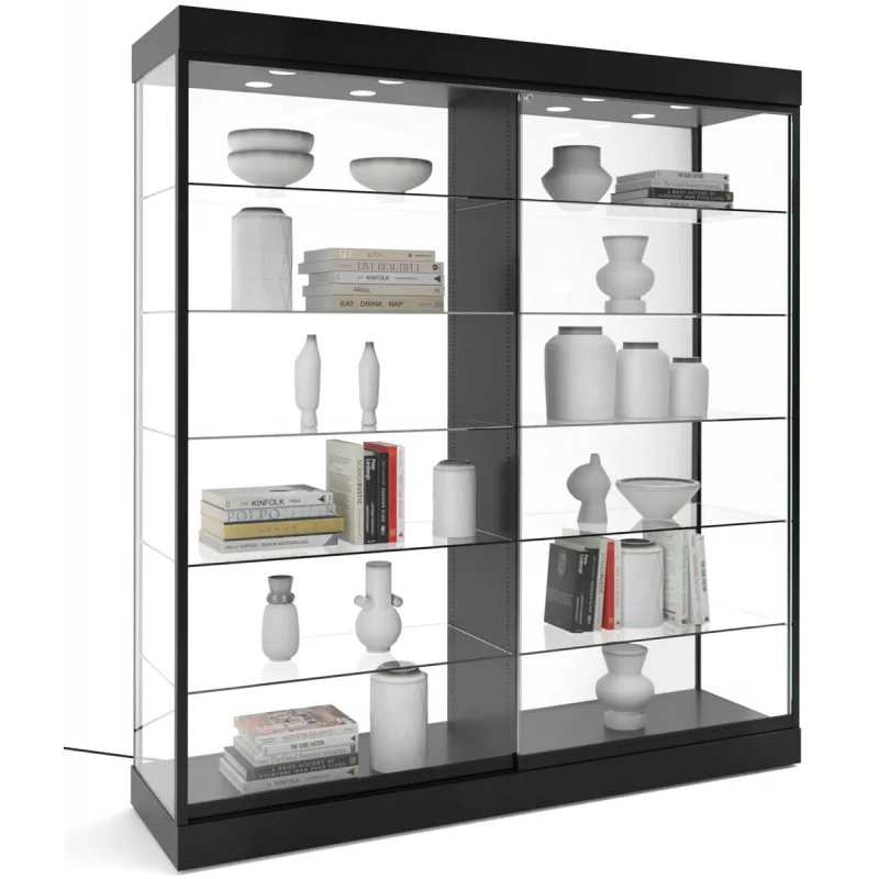 Custom. keway 36 * 36''wall mounted glass display cabinet with mirror back & 2 top LED lights locking sliding door