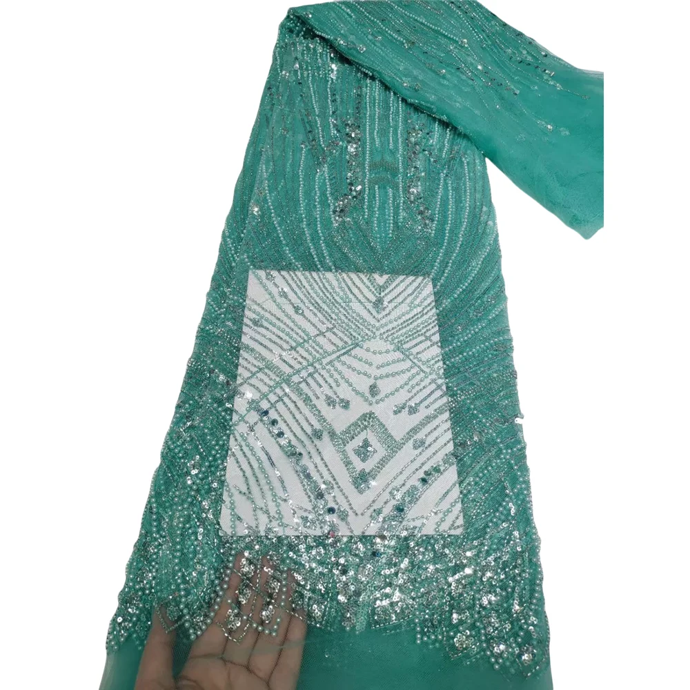 

High Quality L-1406352 African Nigerian Tulle Lace Fabric Sequins Embroidery French Guipure Wedding Party Dress Beaded