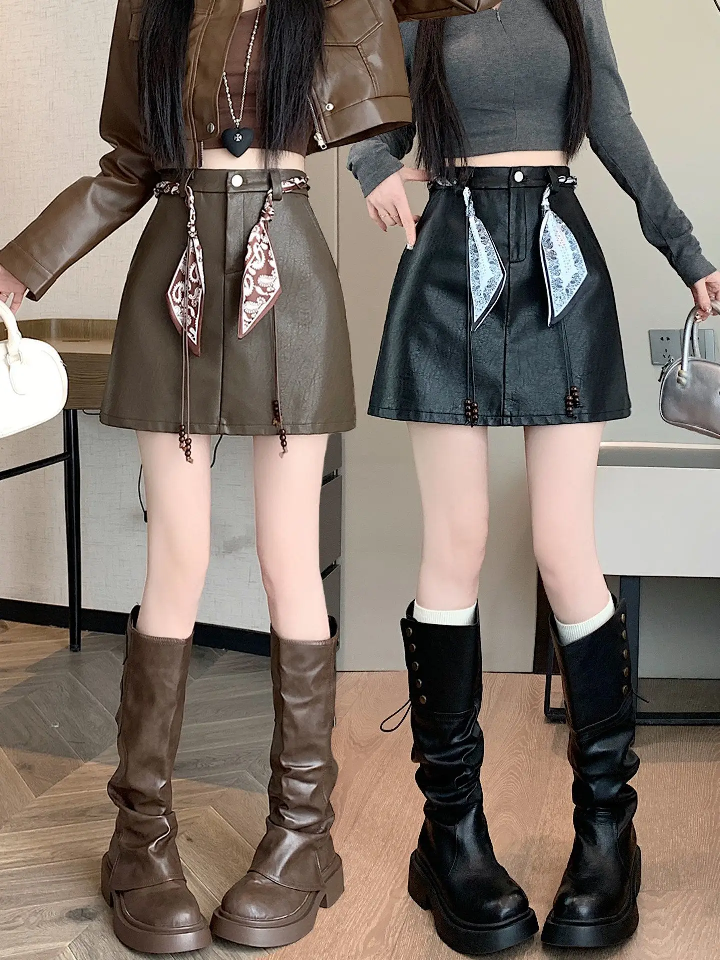 High Waist PU Leather  Skirt Women's A-Line Skirt with Silk Scarf Knot Design Versatile Spicy Girl Style Short Skirt
