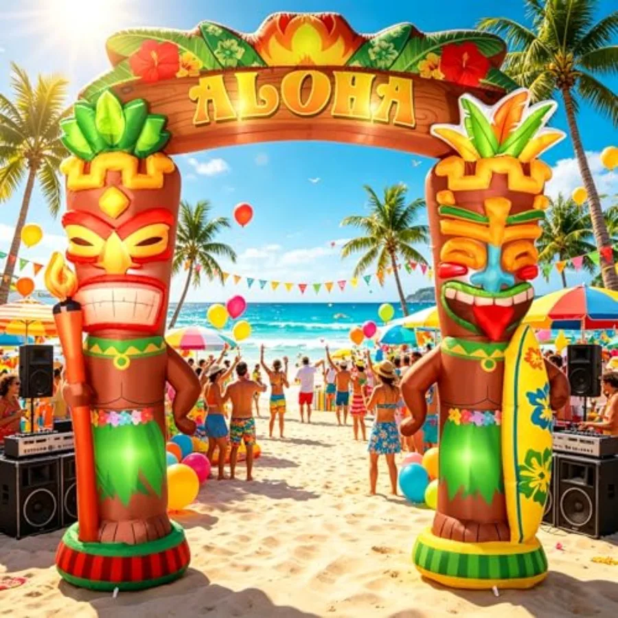 

10Ft Hawaiian Tiki Inflatables Luau Party Inflatable Decor Tiki Inflatable Arch with Built-in LED Lights Blow Up Archway Decor