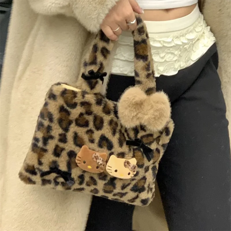 Sanrio Hello Kitty Y2K Cartoon Hairy Leopard Print Handbag Winter Bag Large Capacity Storage Creative Wallet A Gift for Girls