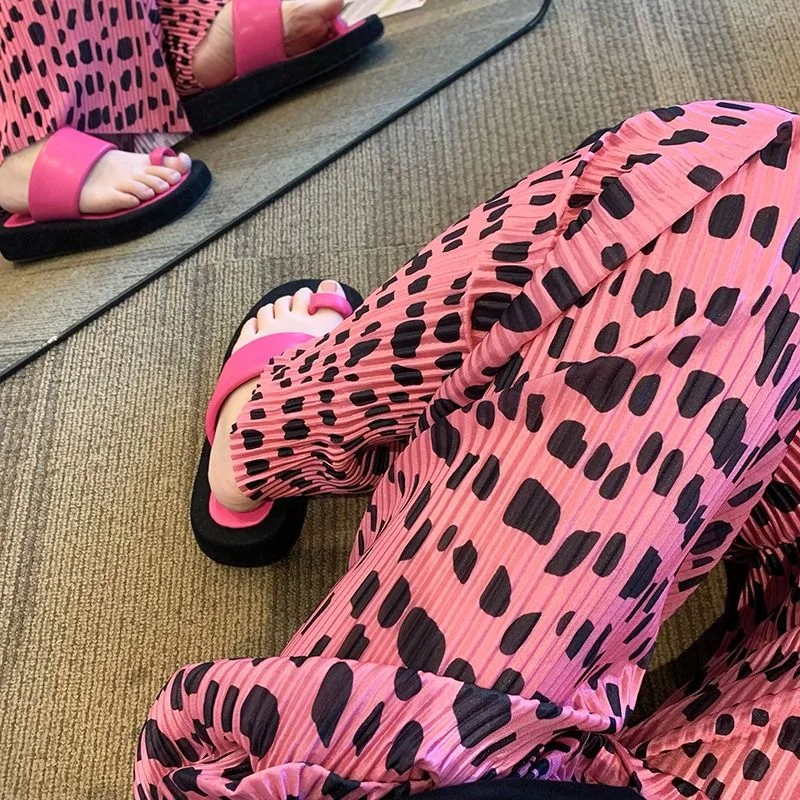 2026 retro y2k feminino rosa leopardo impressão calças de perna larga cintura alta plissado flowy até o chão para estilo rua