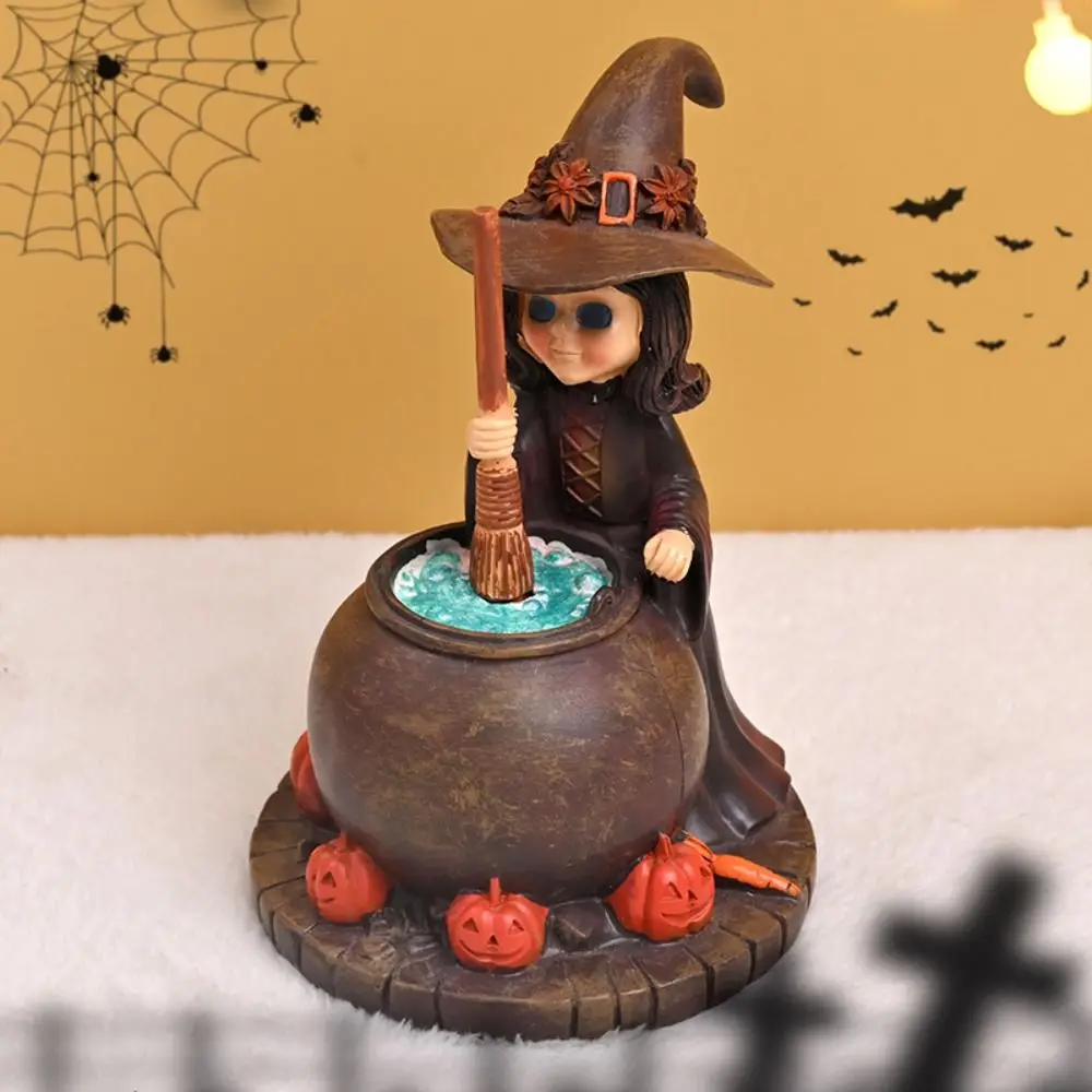 Scary Halloween Pumpkin Witch Statues Realistic Resin Witch Boiling Medicine Figurine Funny Happy Halloween Decoration