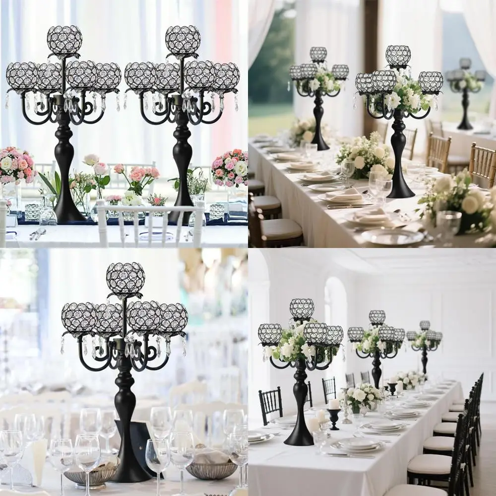 

Elegant 5-Arm Crystal Candle Holder with Pendant Chain and Round Bowl for Wedding Tables, 22.5 Inch Tall, Black