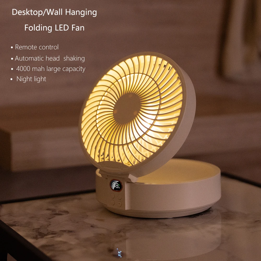 Portable Fan Remote Control 4000mah Rechargeable Wall-Hanging Electric Fan Head Shaking Folding Table Fan Nightlight Air Cooler