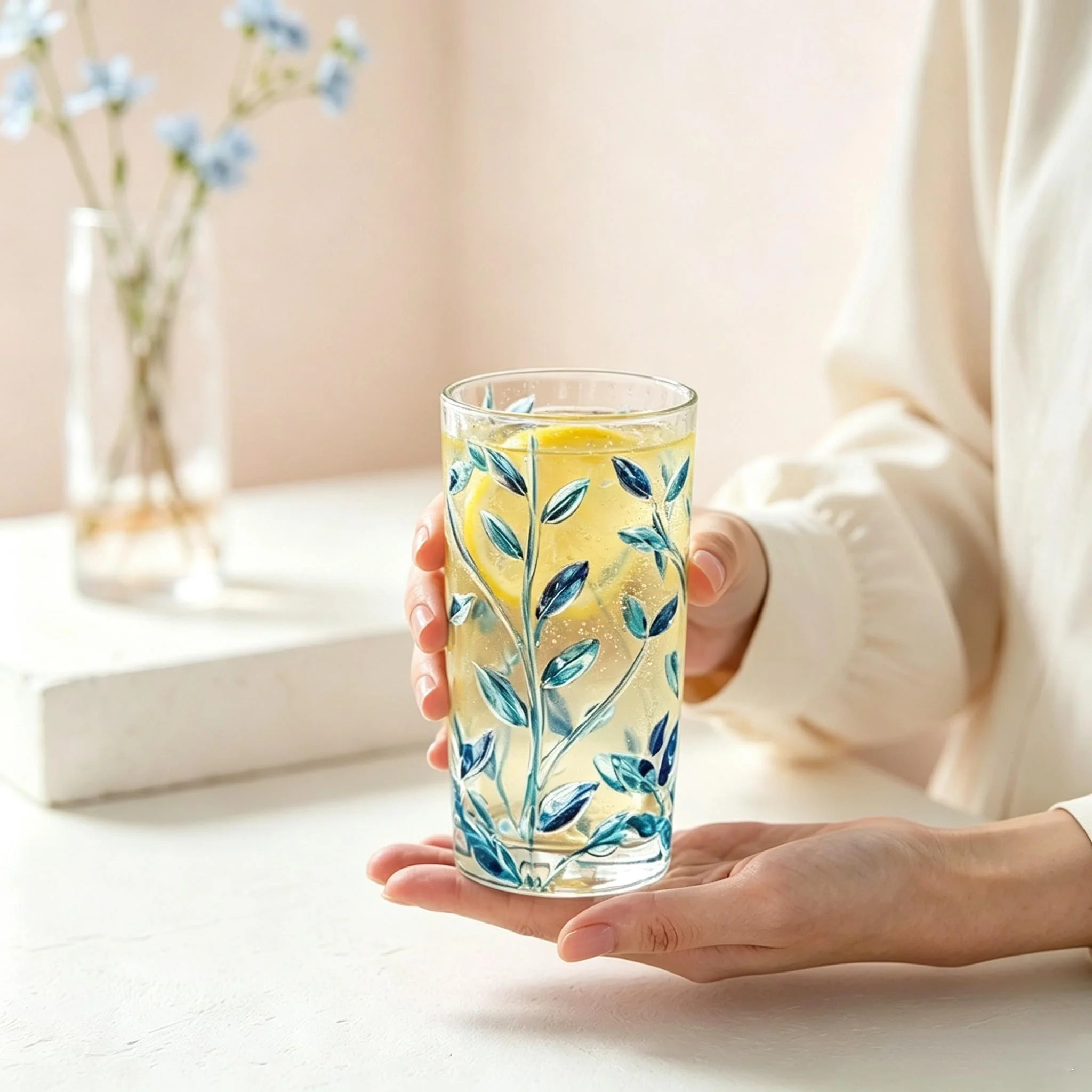 Blue relief vine pattern hand-painted tree branches, light luxury glass cups, milk cups, transparent unisex, holiday gifts view 2