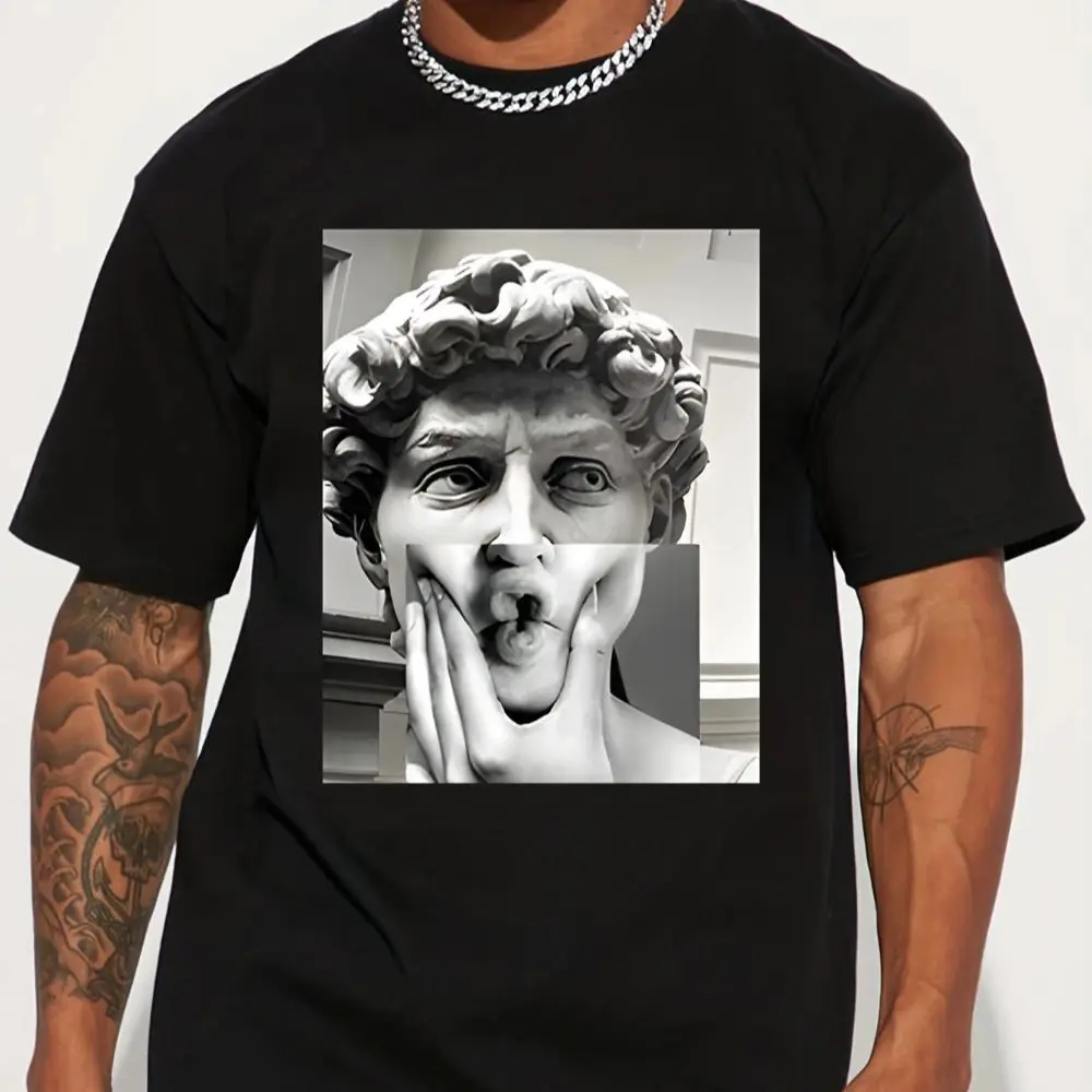 

Creative David Statue Design Graffiti Letter Print Short-sleeved T-shirt Men And Women With The Same Street Style Couple Top
