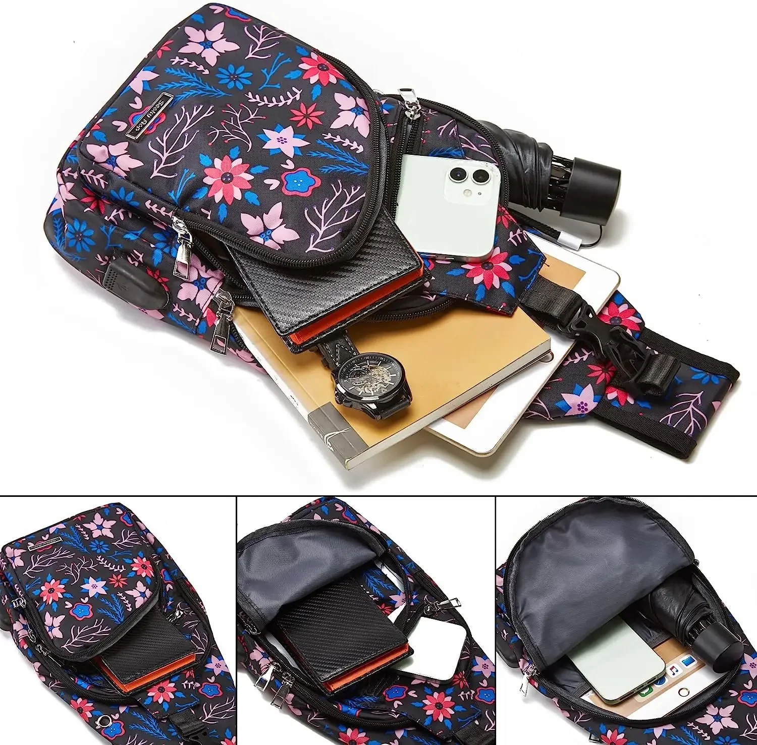 Seoky Rop Mochila bandolera para hombre y mujer, bolso de hombro con puerto de carga USB para viajes, senderismo, flor roja