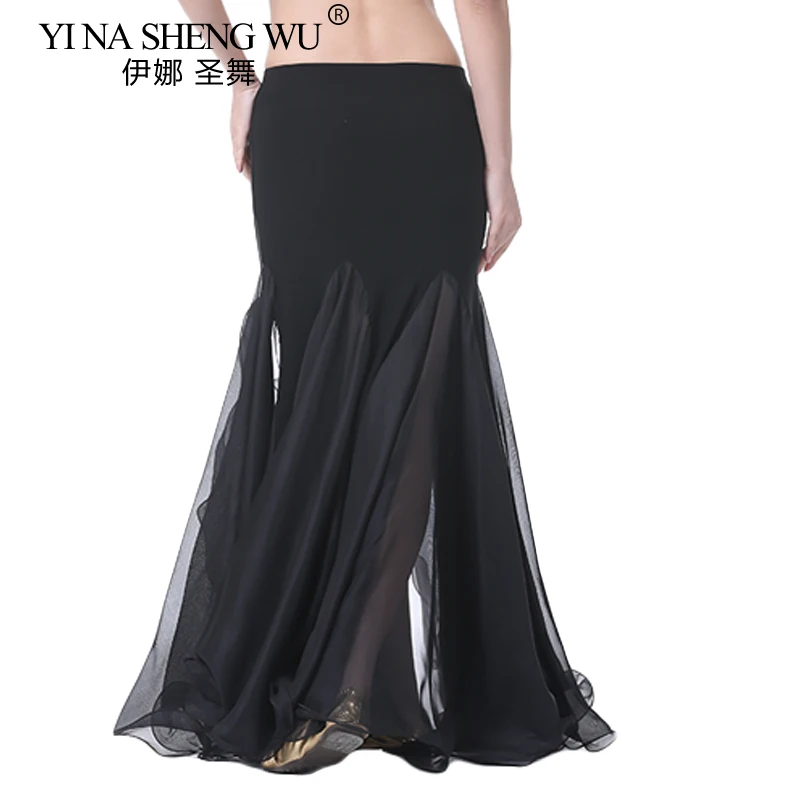 الشرقية تنورة رقص البطن الطابق طول مثير الرقص الشرقي كريستال القطن مزدوجة الشق تنورة تنورة رقص شرقي للنساء 9 ألوان