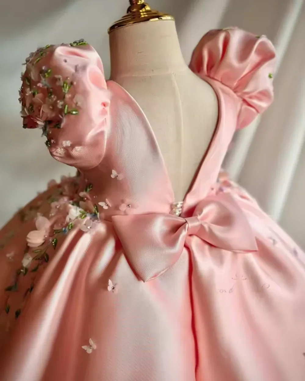 custom-pink-satin-puff-sleeve-3d-floral-embroidered-flower-girl-dress-wedding-gown-for-first-christmas-kids-party-outfit