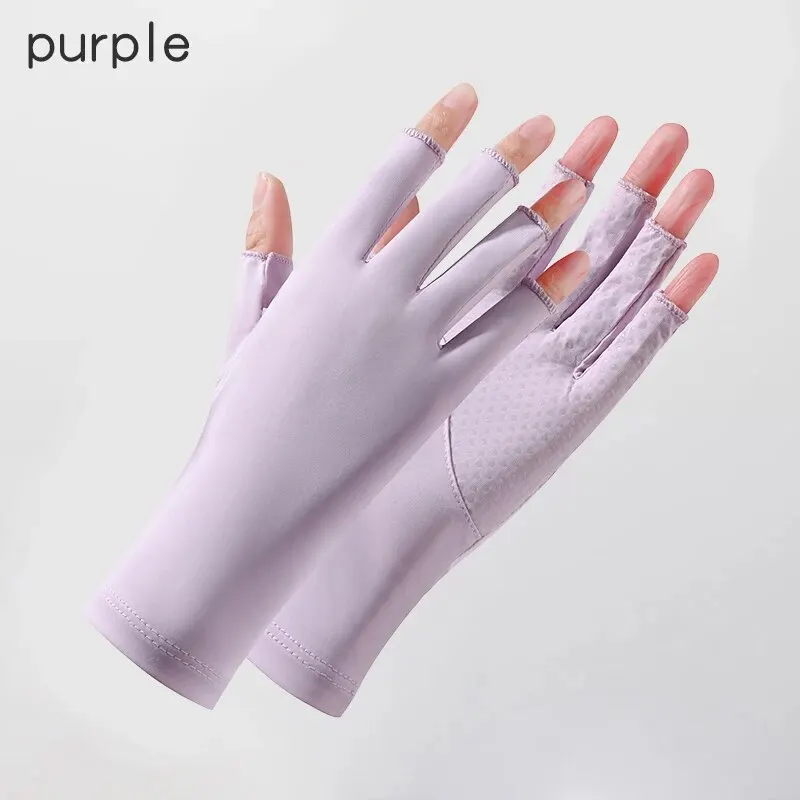 Summer Women\'s Sun Protection Gloves Uv Resistant Nail and Joint Anti Cocooning Ice Silk Thin Breathable Half Finger Gloves